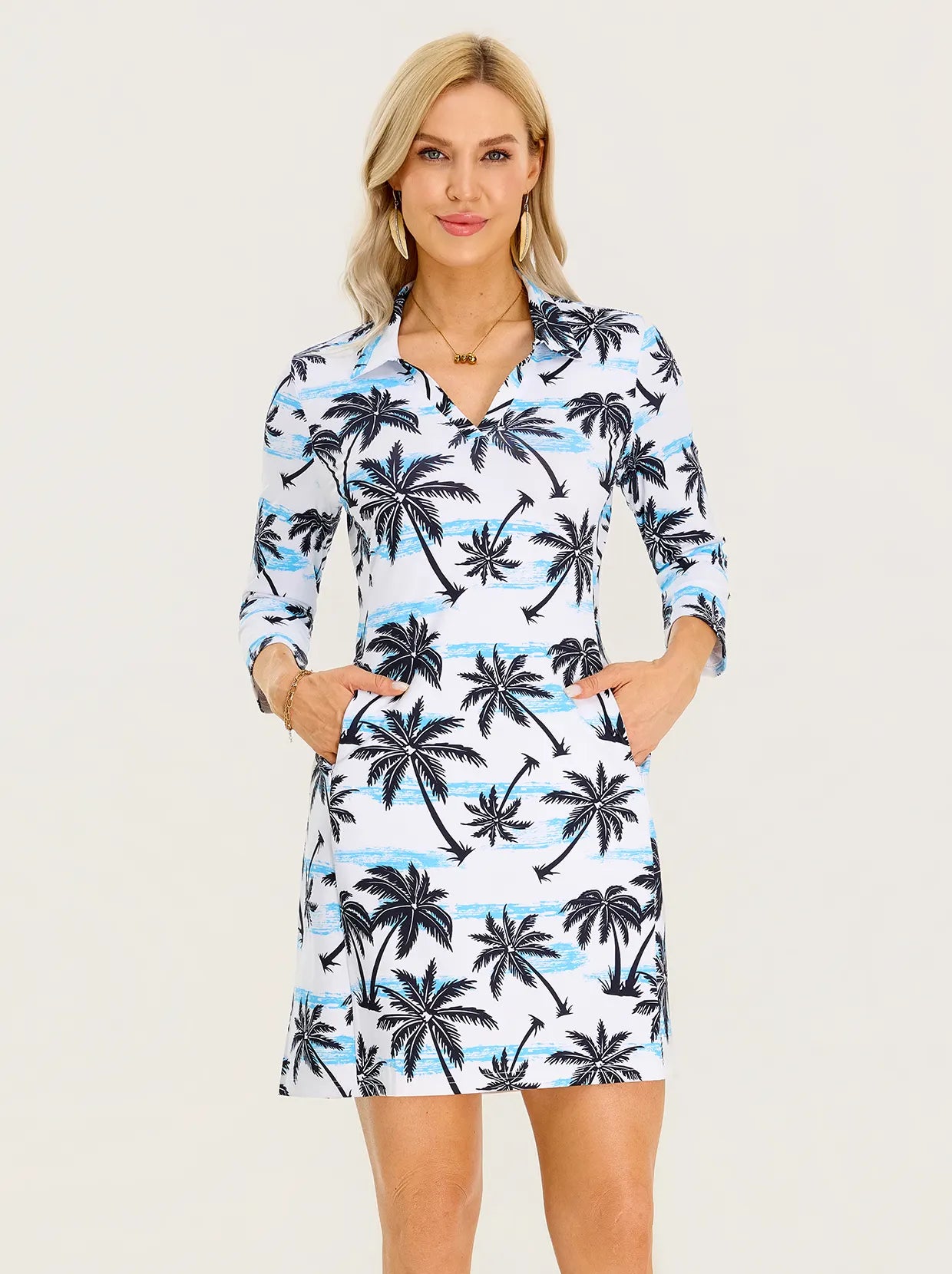 35" V-neck 3/4 Sleeve Polo Dresses with Pockets