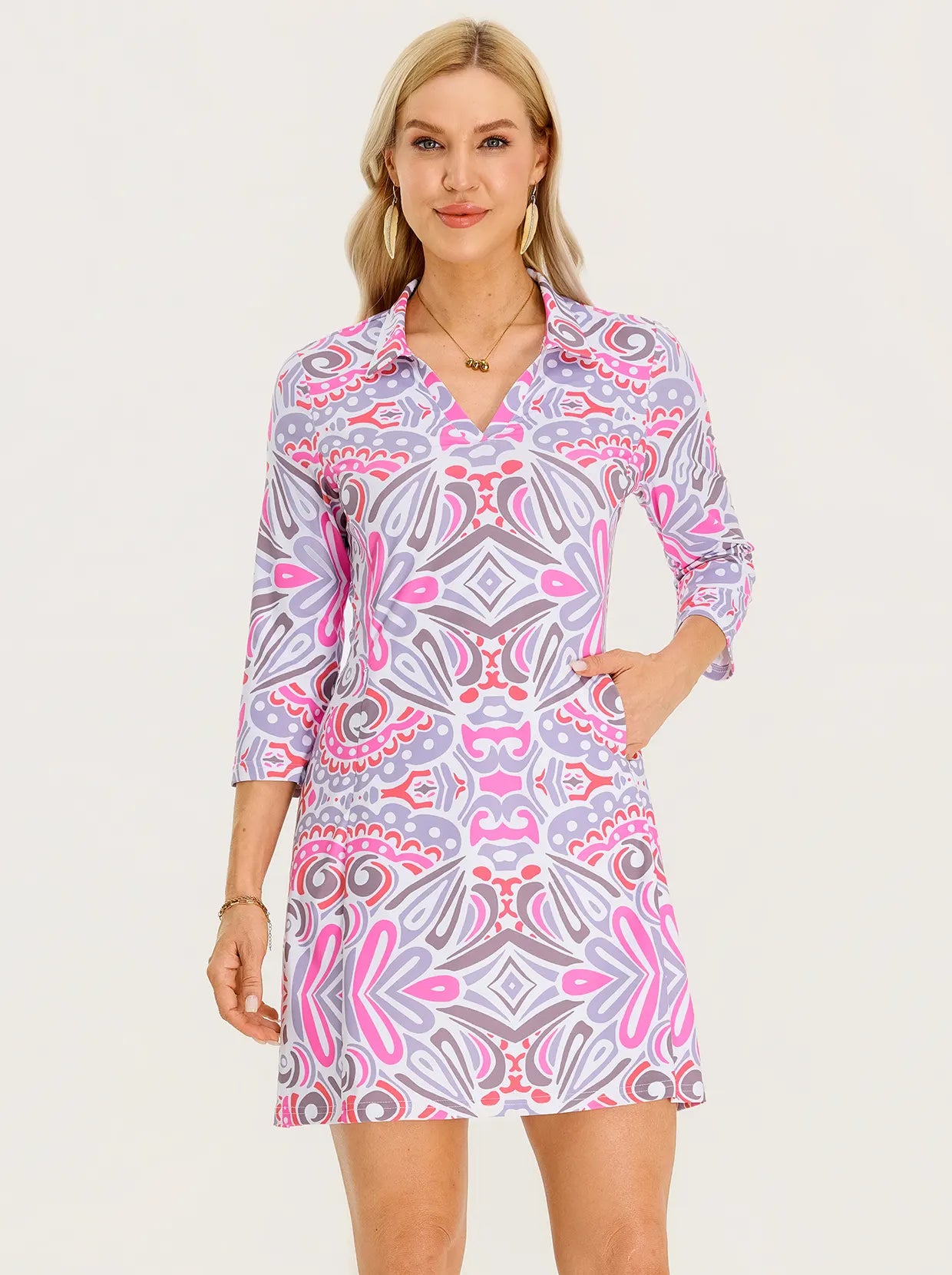 35" V-neck 3/4 Sleeve Polo Dresses with Pockets