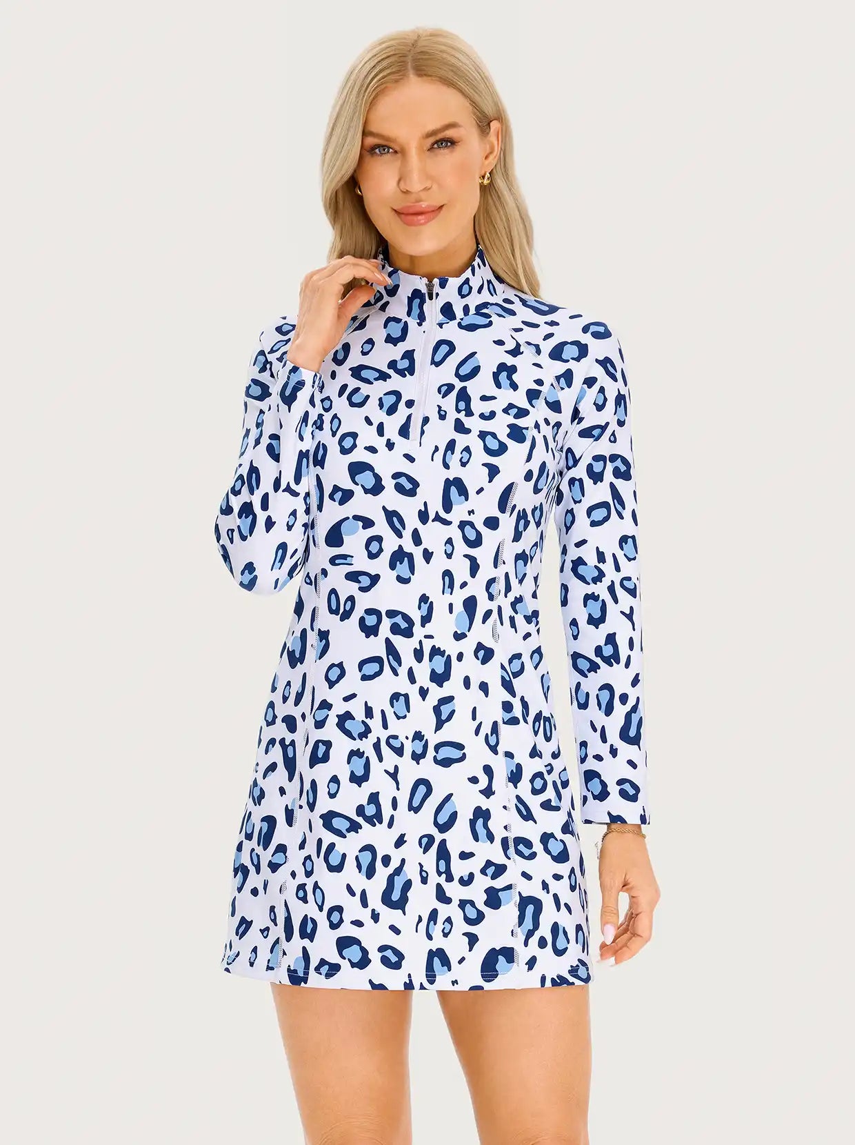 35" Stand-collar Long-sleeve Golf Dresses with Shorts