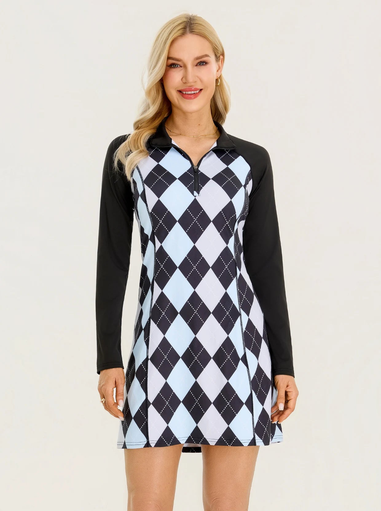 35" Stand-collar Long-sleeve Golf Dresses with Shorts