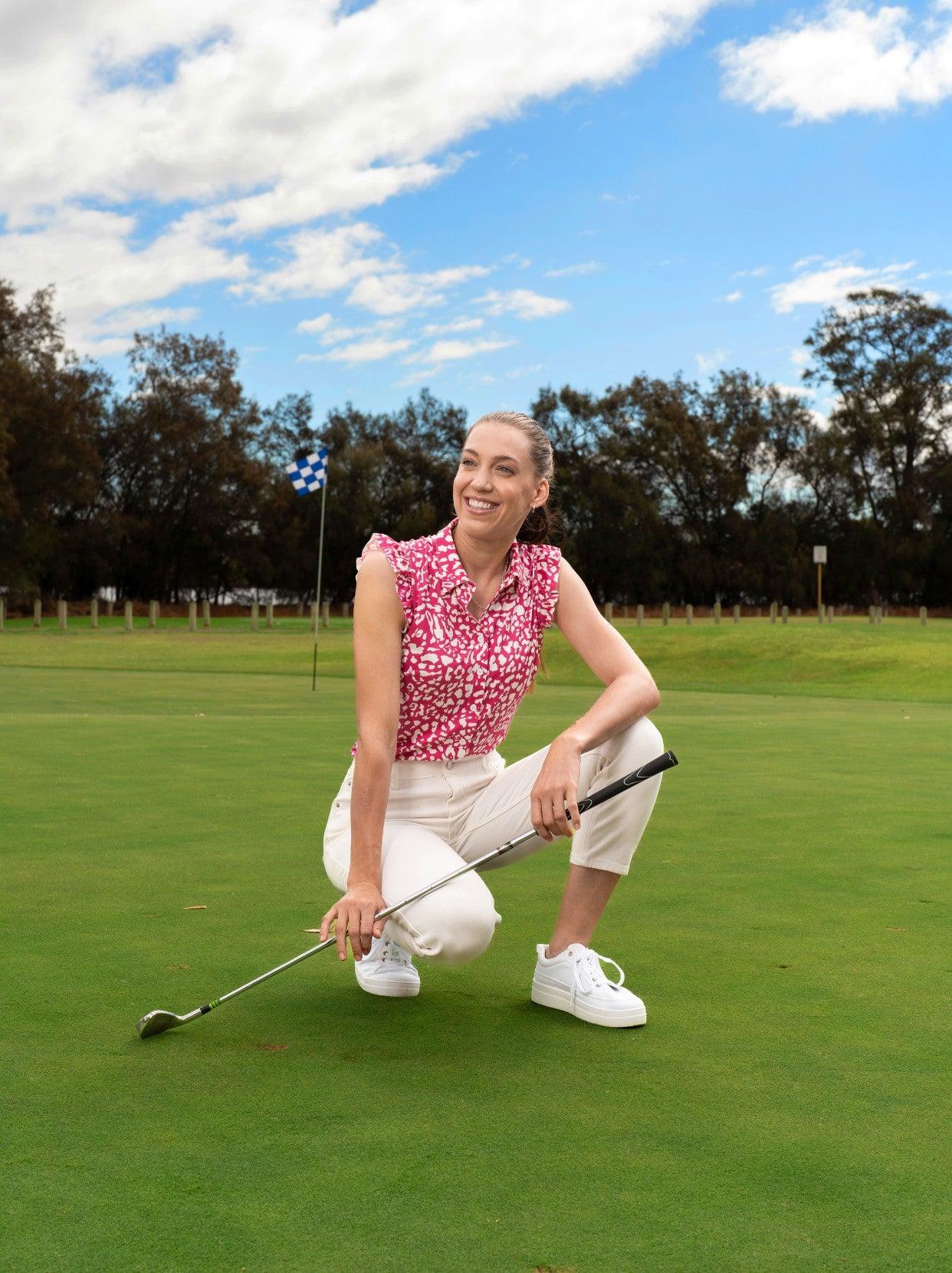 Pink Geometric Short Flutter Sleeve Golf Top | Suitable for Hangout