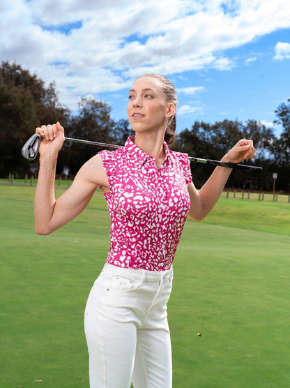 Pink Geometric Short Flutter Sleeve Golf Top | Suitable for Hangout