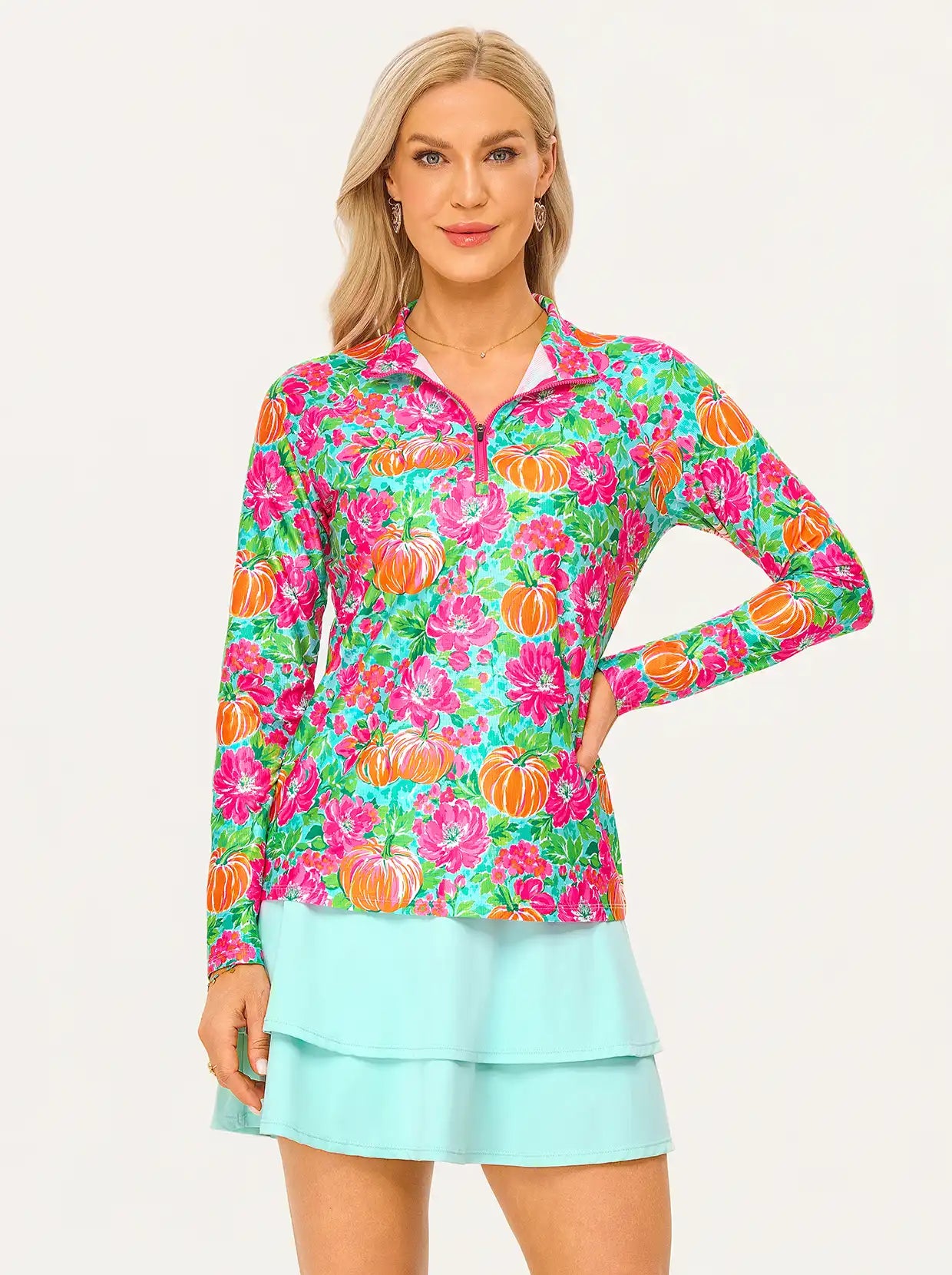 Halloween Pumpkin and Floral Stand-collar Long-sleeve Polo Shirt
