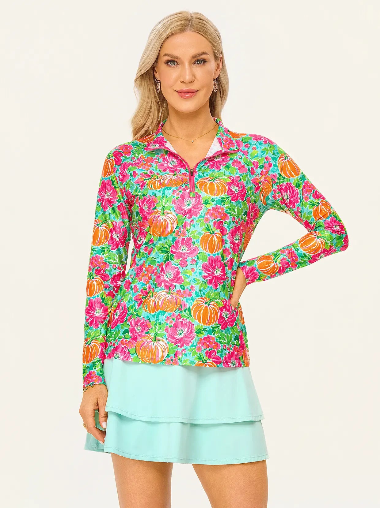 Halloween Pumpkin and Floral Stand-collar Long-sleeve Polo Shirt