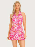 32" Rose Red Floral V-neck Sleeveless Active Dress with Shorts