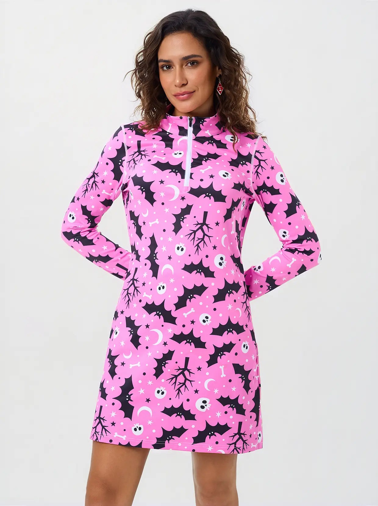 Halloween Pink Bats Quarter-zip Long-sleeve Polo Dress 