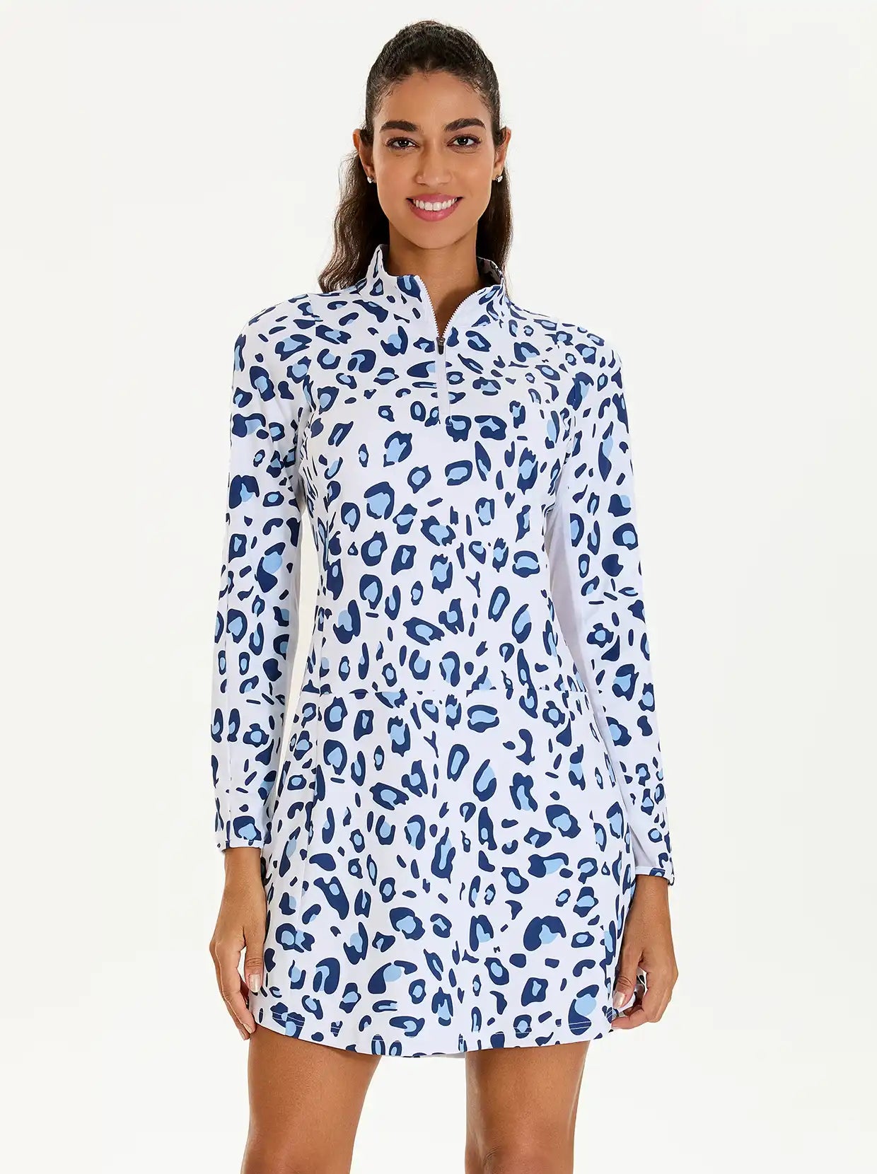 34" Blue Leopard Quarter-zip Long-sleeve Dress 