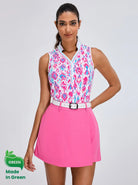 LuxeCool™ Pink Flamingo V-neck Button-placket Sleeveless Shirt