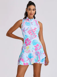 34“ Ocean-Garden Pattern Stand-collar Sleeveless Dress with Shorts