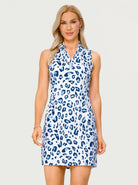 34" Blue Leopard Quarter-zip Sleeveless Golf Dress with Shorts and Pockets