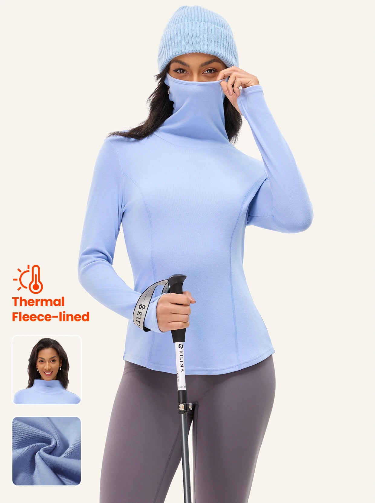 Cowl-Neck Long-sleeve Thermal Top with Windproof Mask