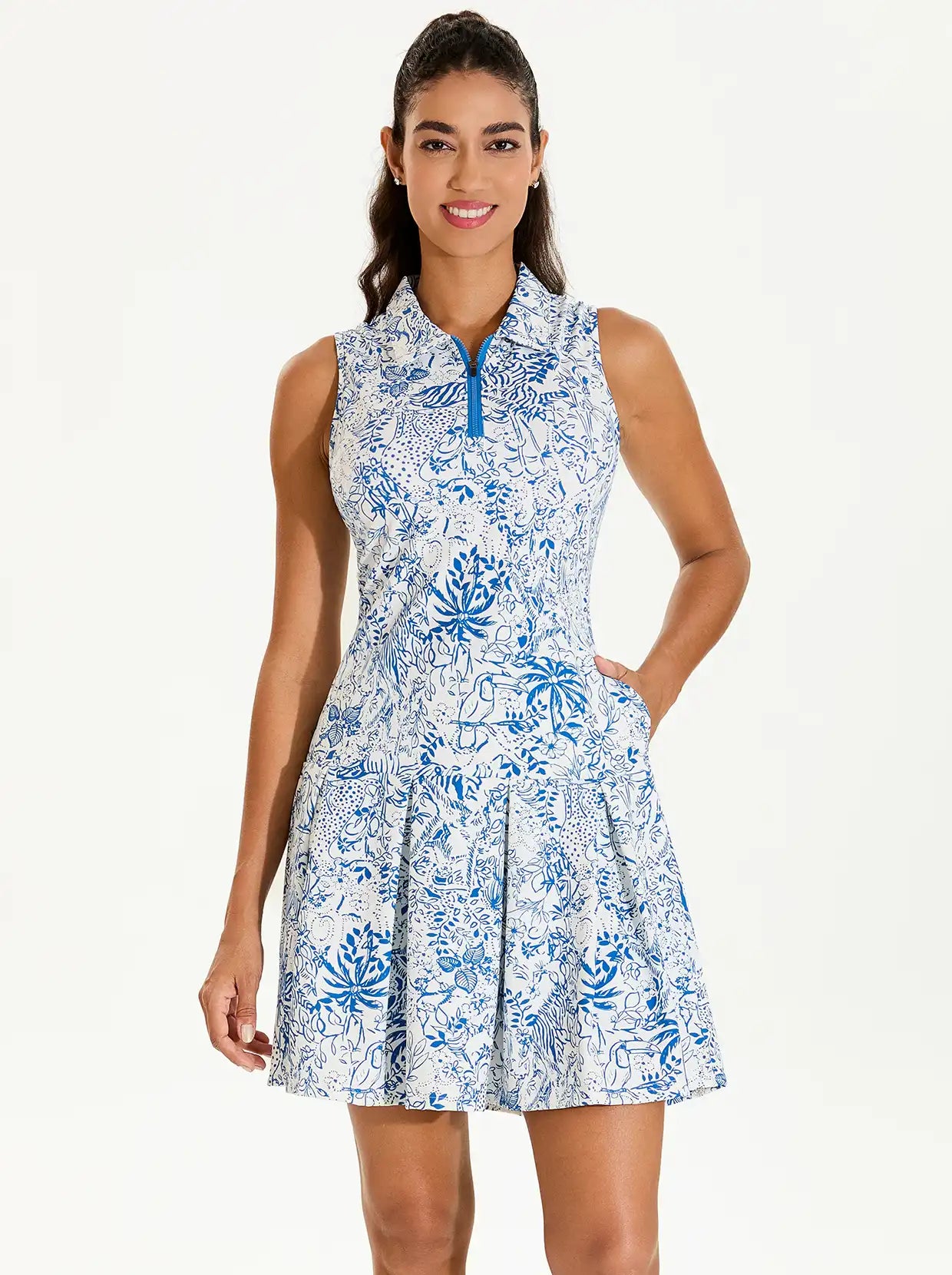 Blue Wildlife 34" Quarter-zip Sleeveless Pleated Dress