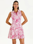 Pink Wildlife Print 34" Quarter-zip Sleeveless Pleated Dress 