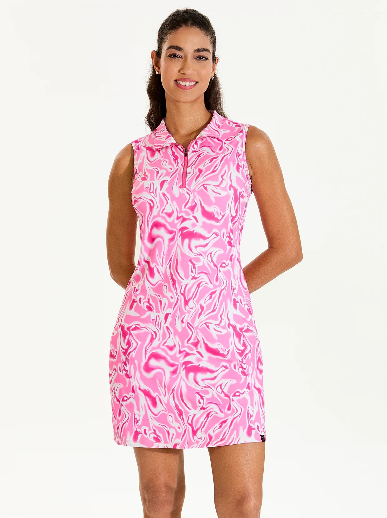 Pink Water Ripples 35" Stand-collar Sleeveless Dress with Pockets 