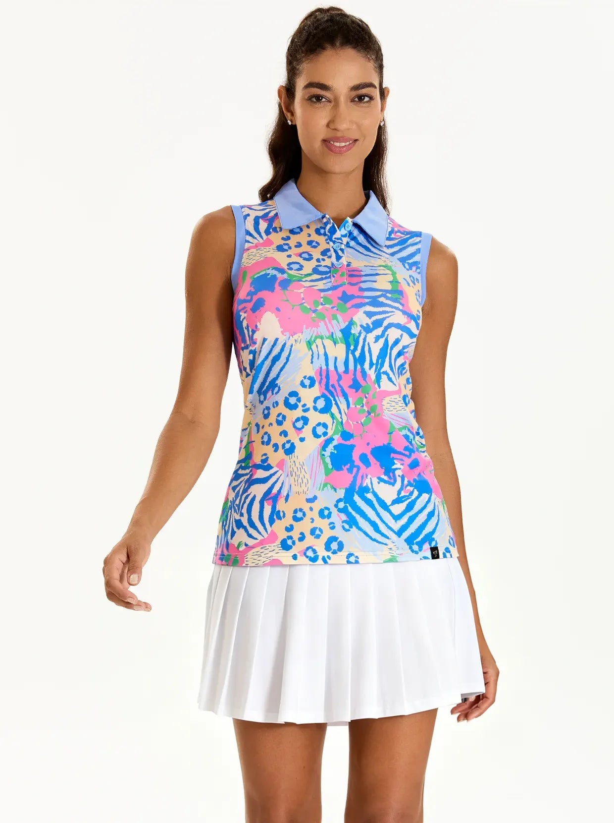 Tropical Leopard Button-placket Sleeveless Polo Shirt