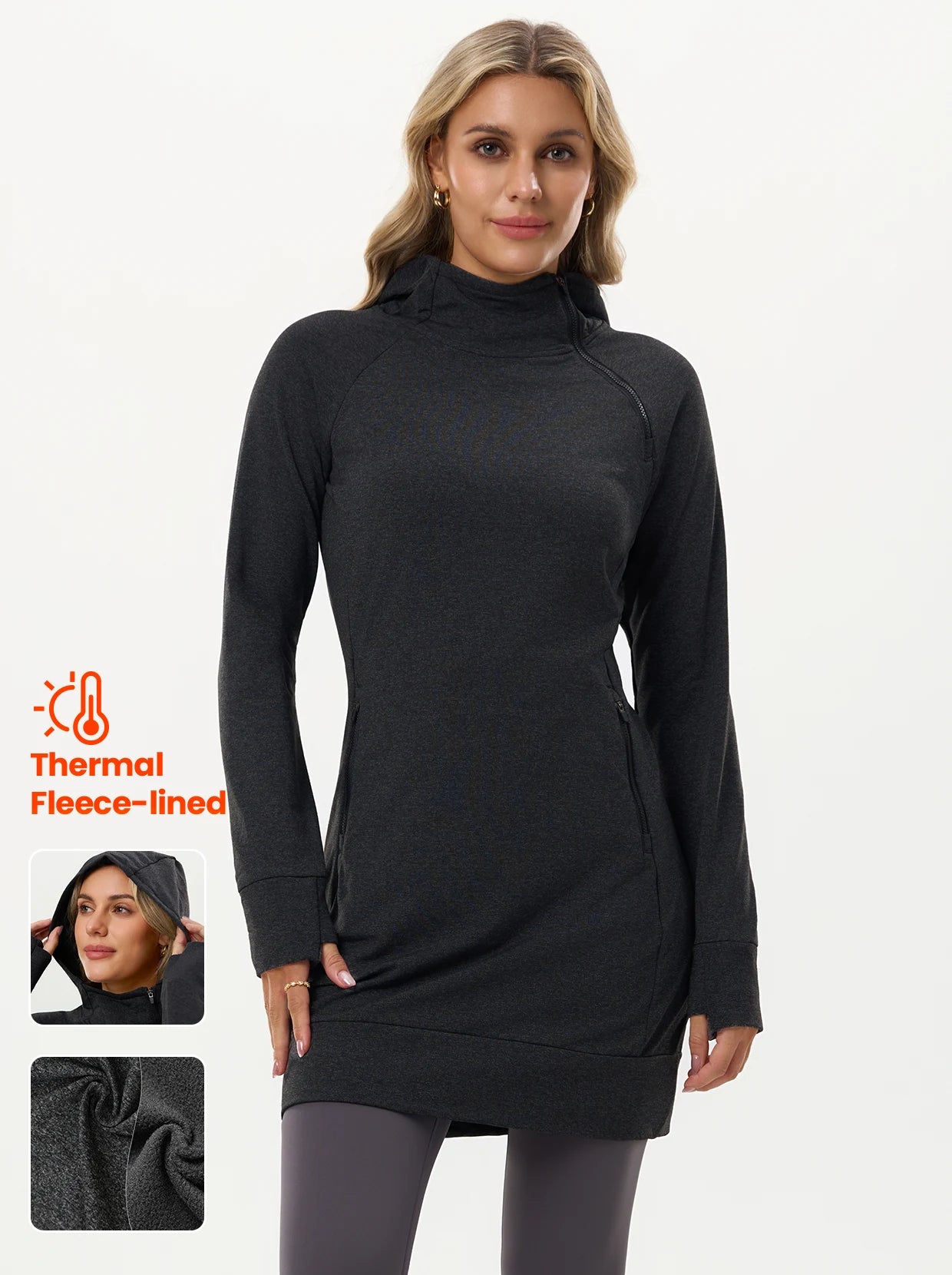 35" Side-zip Hooded Thermal Dresses with Pockets