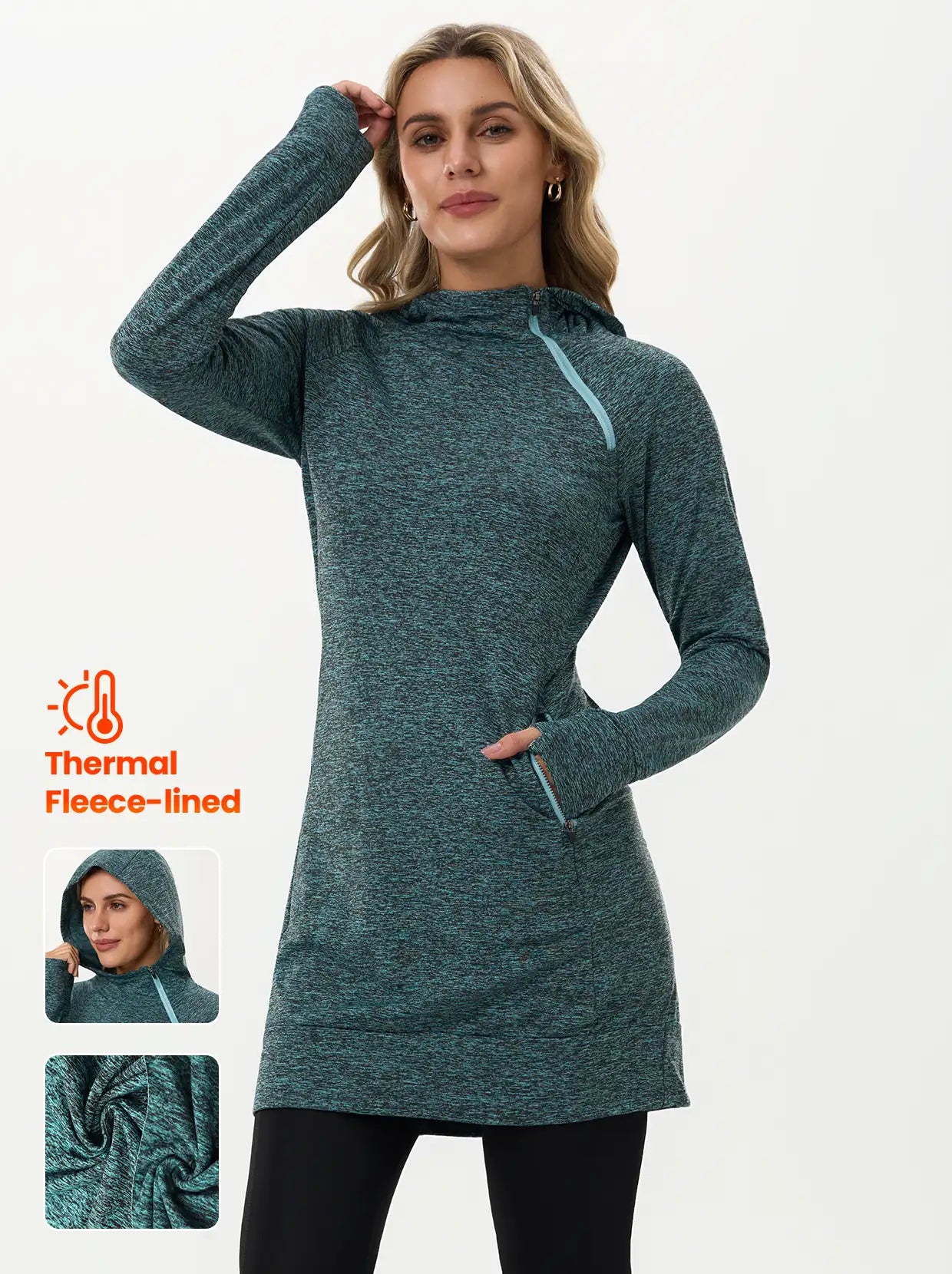 35" Side-zip Hooded Thermal Dresses With Pockets