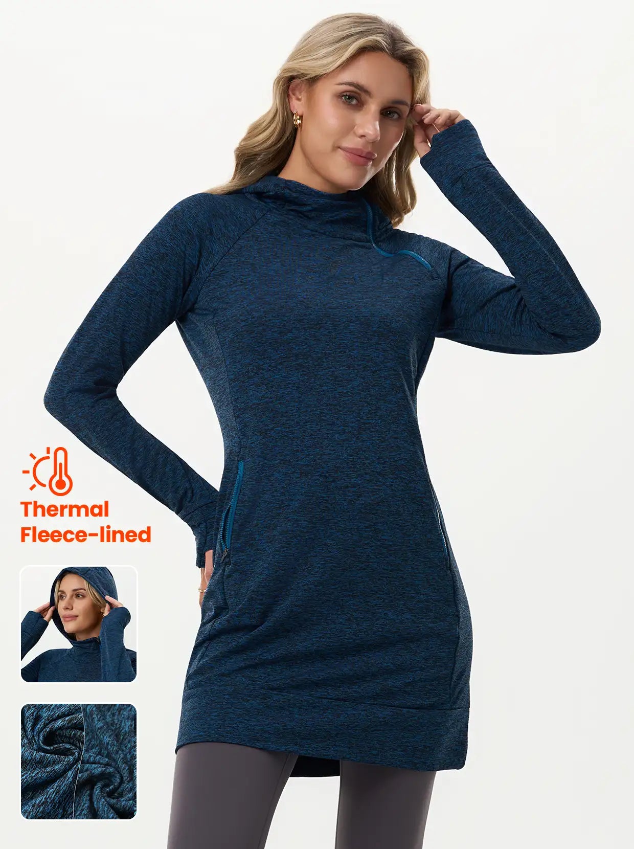 35" Side-zip Hooded Thermal Dresses with Pockets