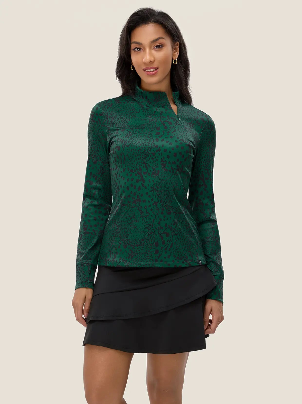 Dark Green Leopard Stand-collar Long-sleeve Shirt