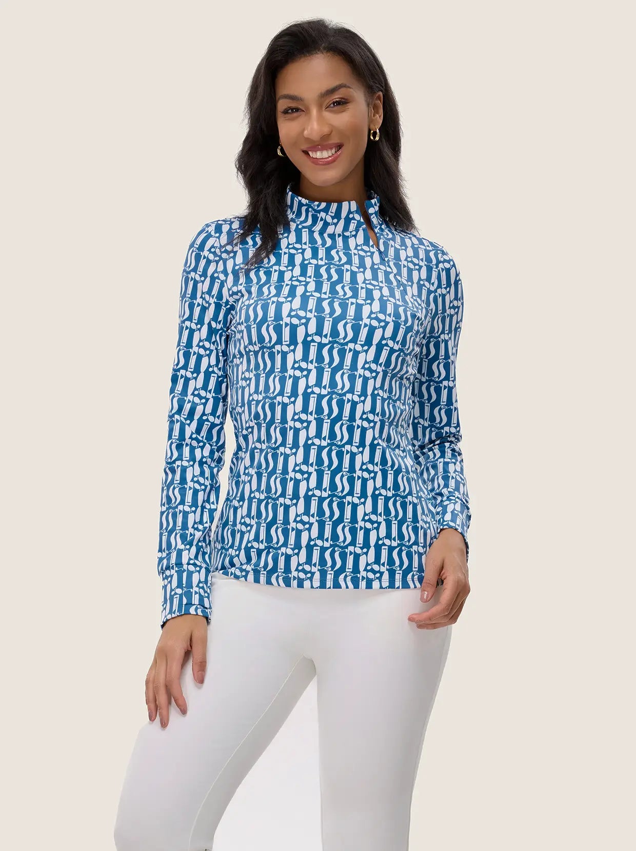 Blue Geometric Print Side-zip Long-sleeve Shirt