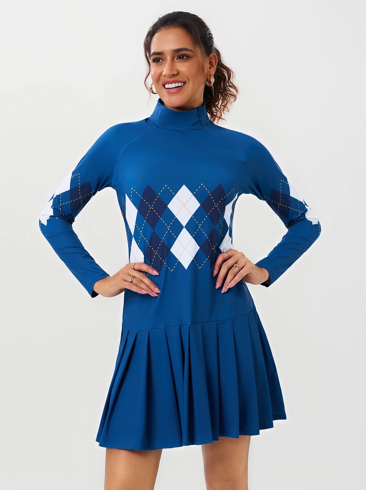 35" Blue Checkerboard Stand-collar Long-sleeve Pleated Dress