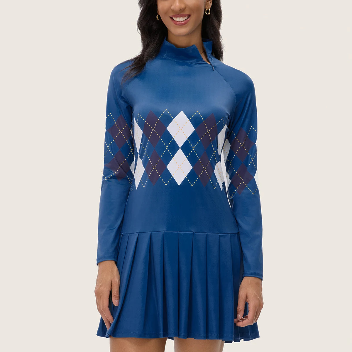 Women's Checkerboard Stand-collar Long-sleeve Pleated Dress | Soneven