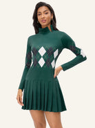 35" Green Checkerboard Side-zip Long-sleeve Pleated Dress with Shorts