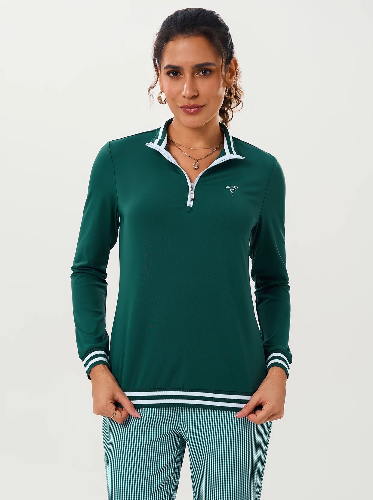 Green Stand-collar Long-sleeve Polo Shirt 