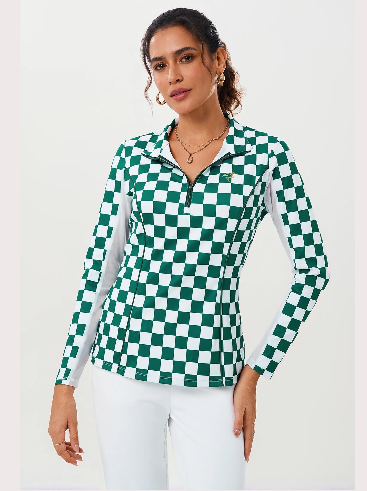 Green Checkerboard Half-Mesh Long-sleeve Polo Shirt 