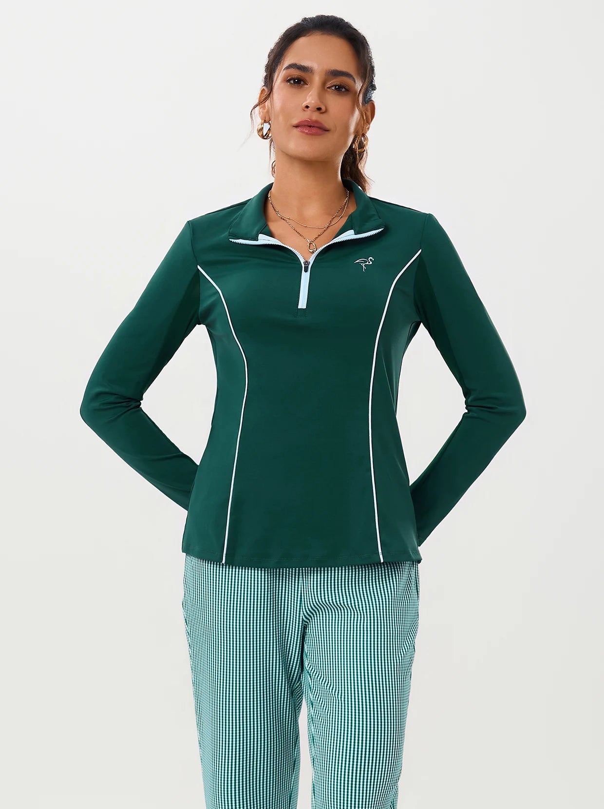 Dark Green Breathable Half-Mesh Long-sleeve Polo Shirt