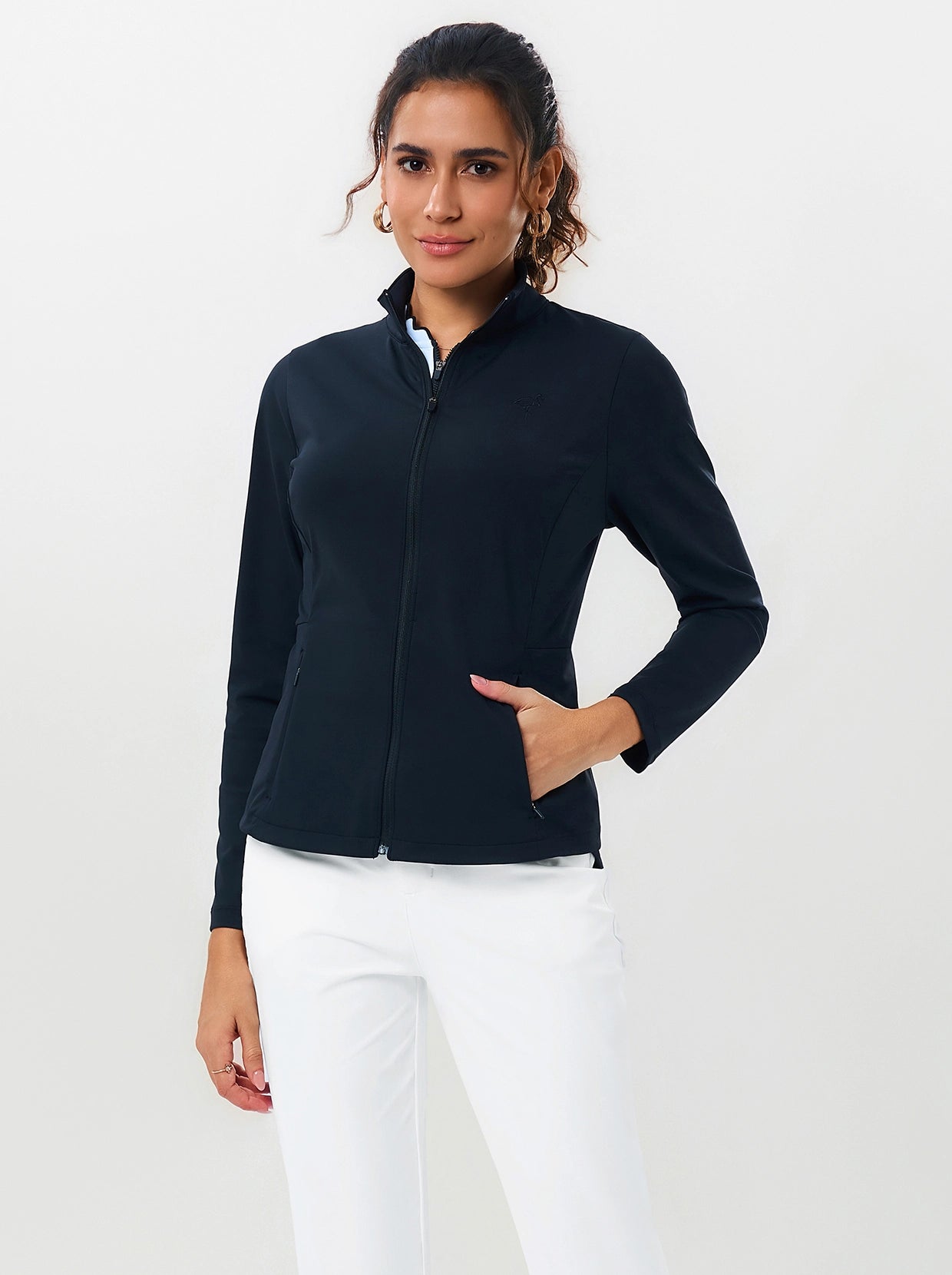 Black Mesh Vent Long-sleeve Athletic Jacket with Zipper Pockets