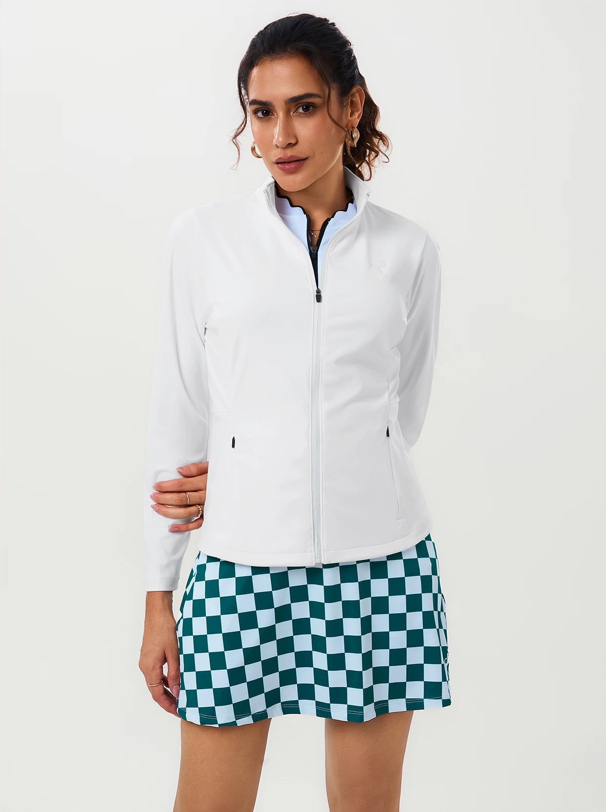White Mesh Vent Full-zip Long-sleeve Athletic Jacket with Zipper Pockets 