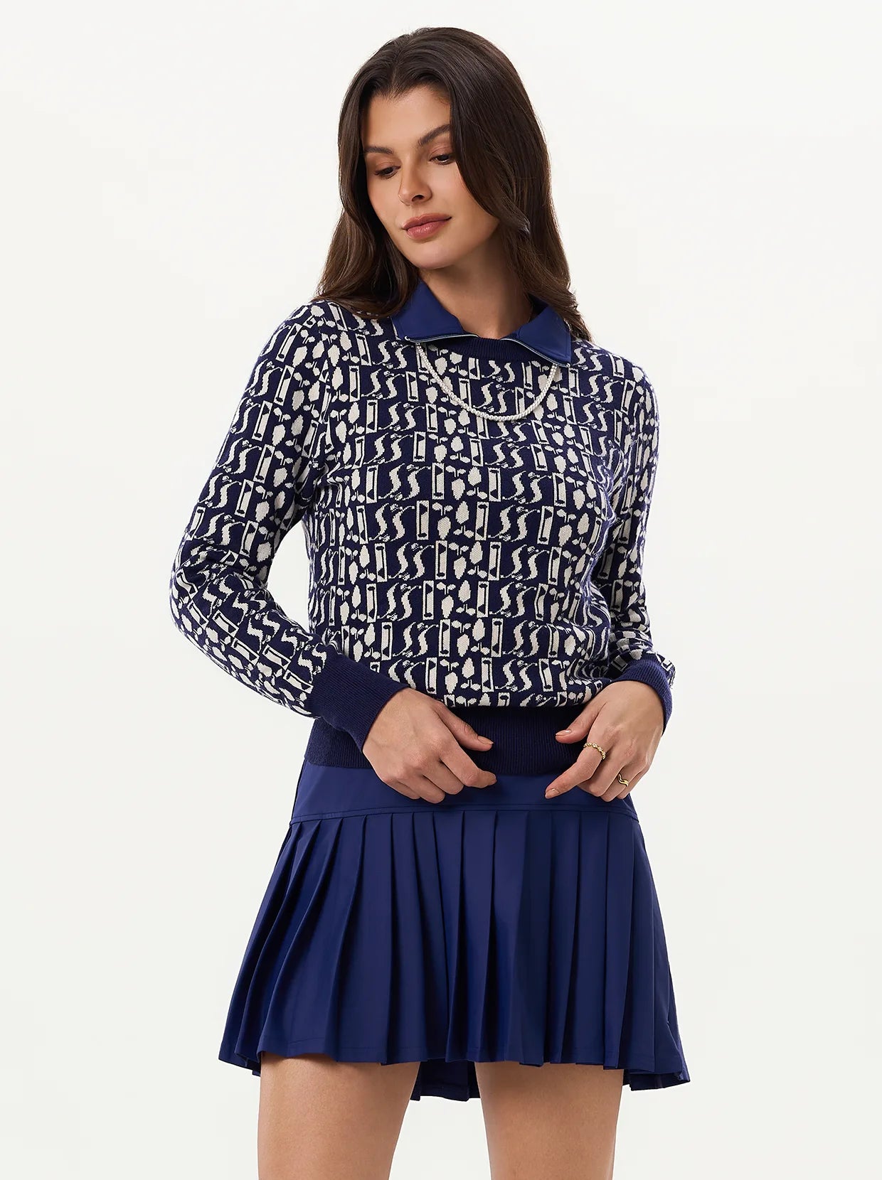Blue Geometric Soft-Knit Crew-neck Golf Sweater 