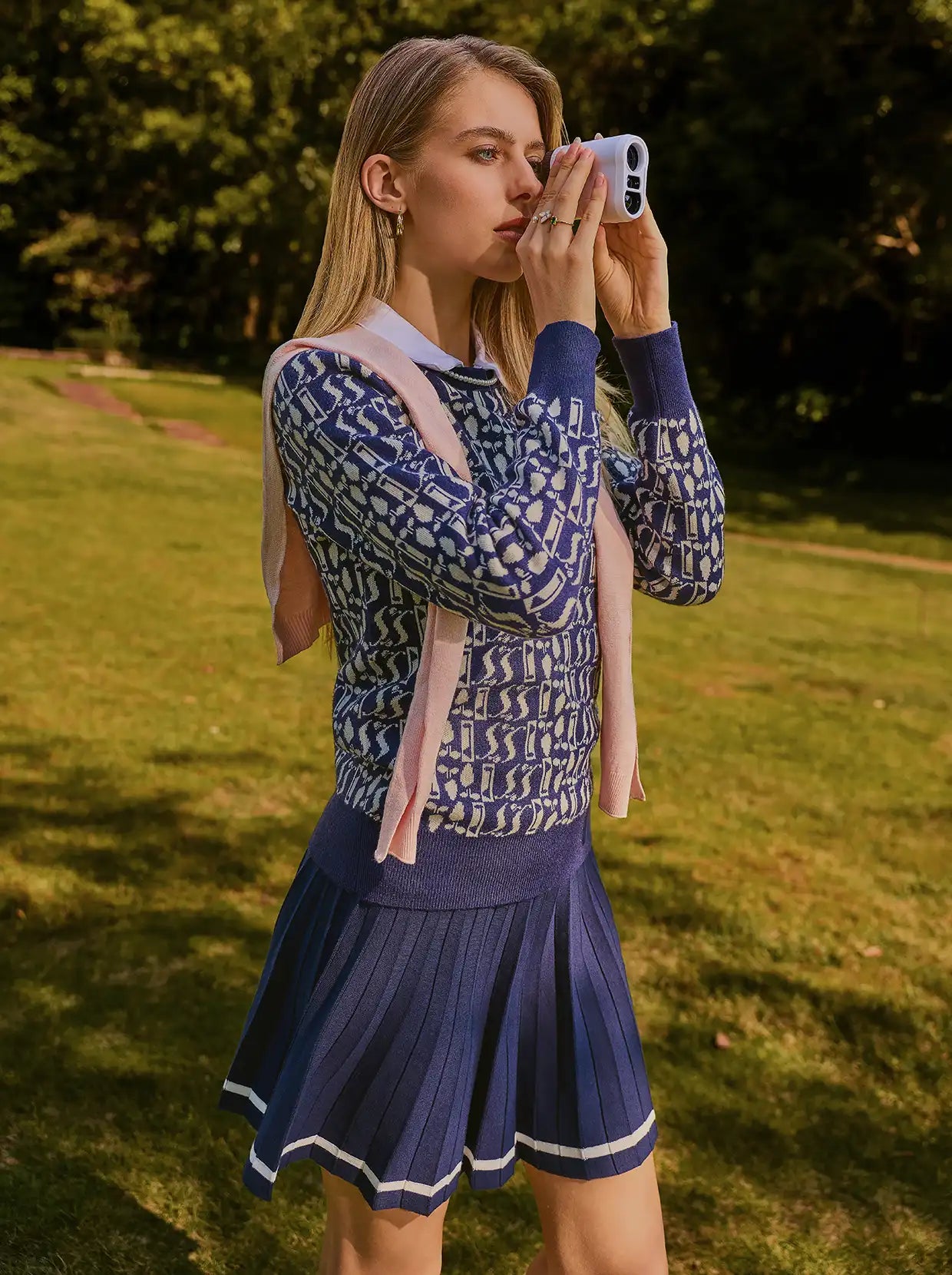 Navy Geometric Soft-Knit Crew-neck Golf Sweater