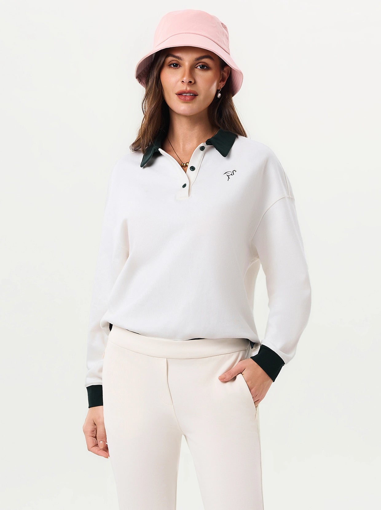White Button-placket Golf Sweatshirt