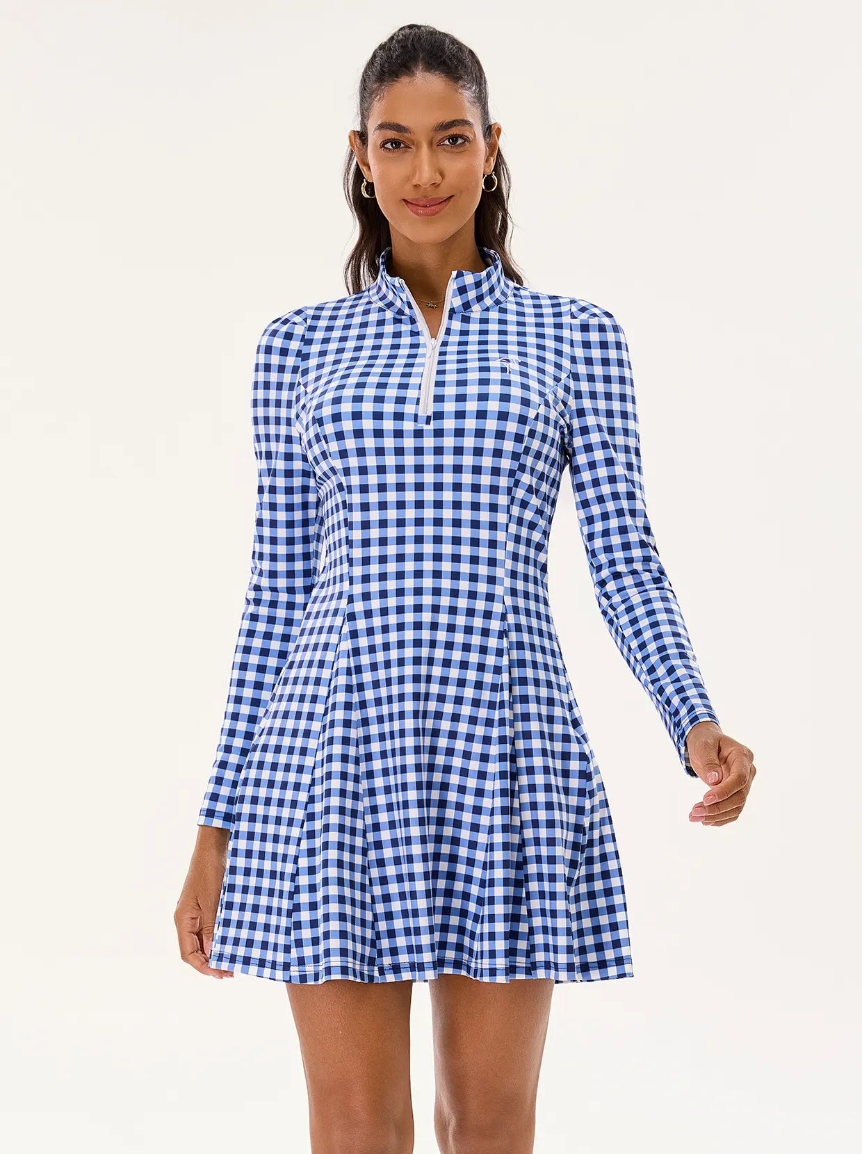 Blue Checkerboard 34" Long-sleeve Golf Dress 