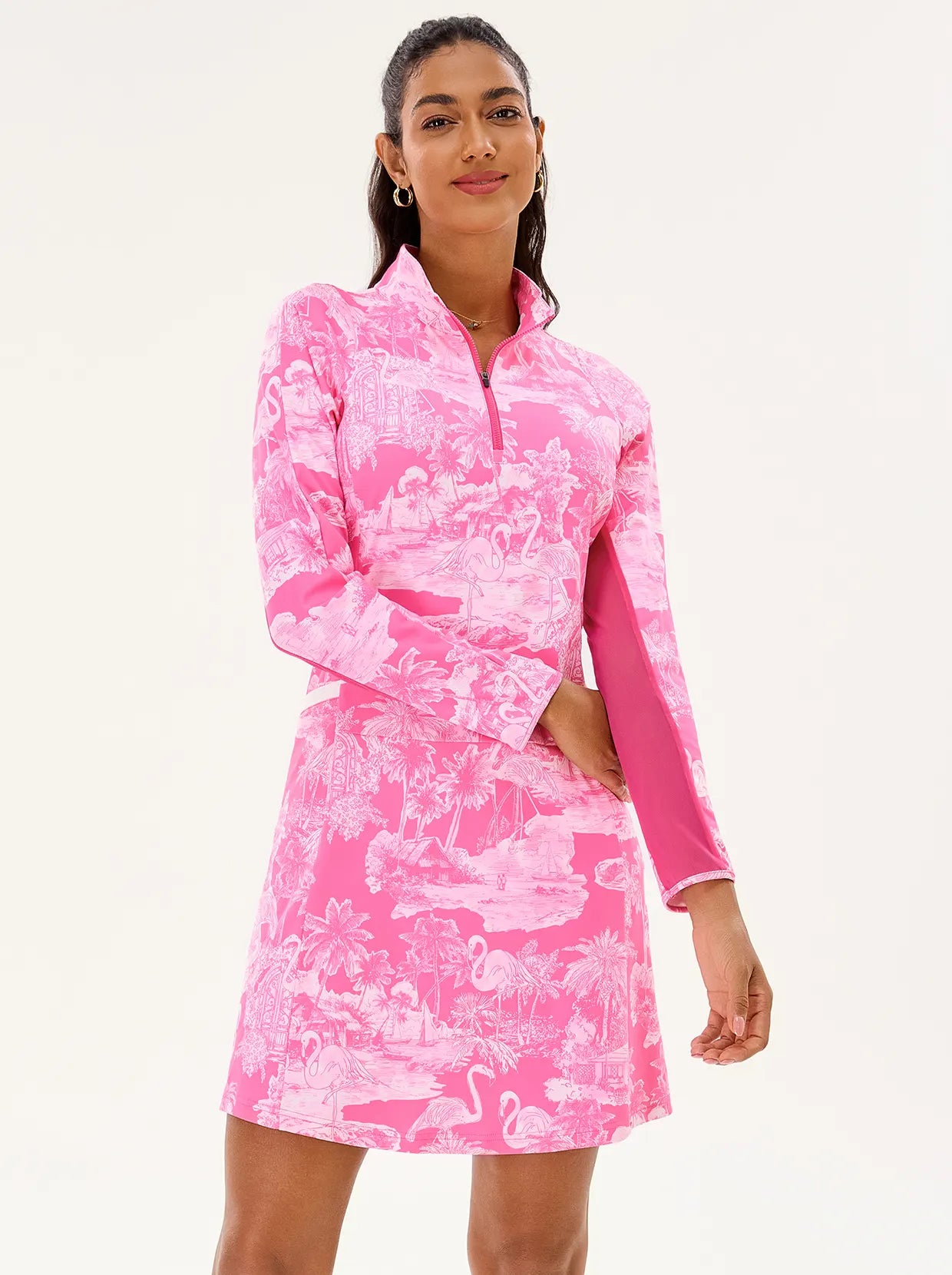 Breathable 34.5" Pink Flamingo Long-sleeve Active Dress 