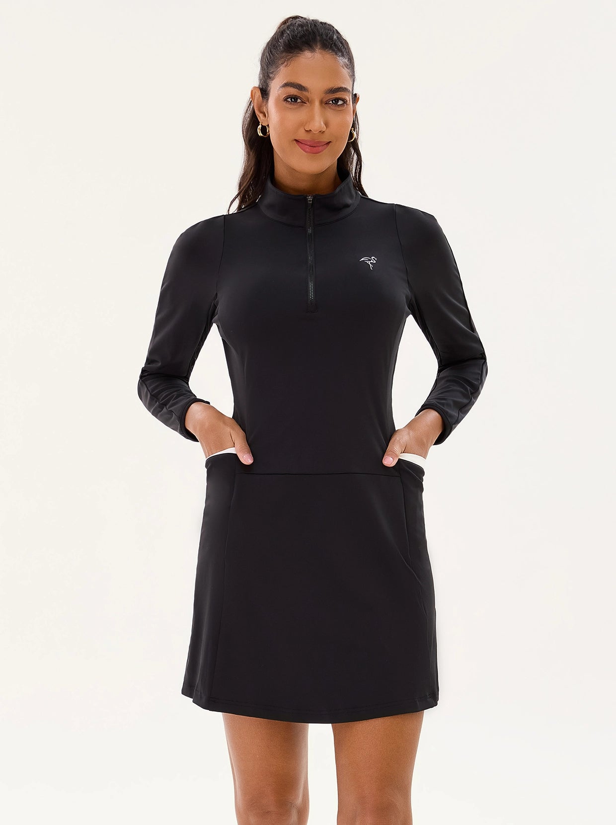 Breathable Black 34.5" Long-sleeve Active Dress with Pockets