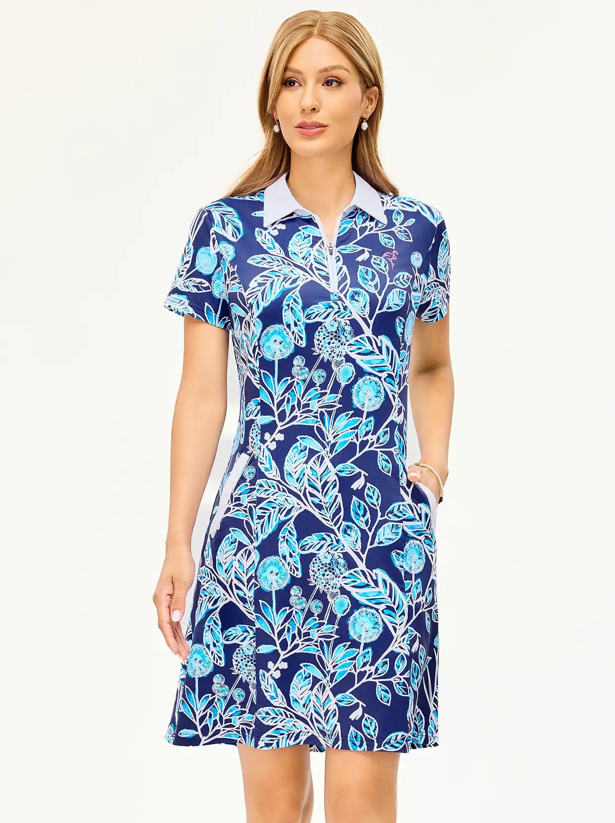 Women's 36" Stretchy Short-sleeve Polo Dress with Shorts and Pockets