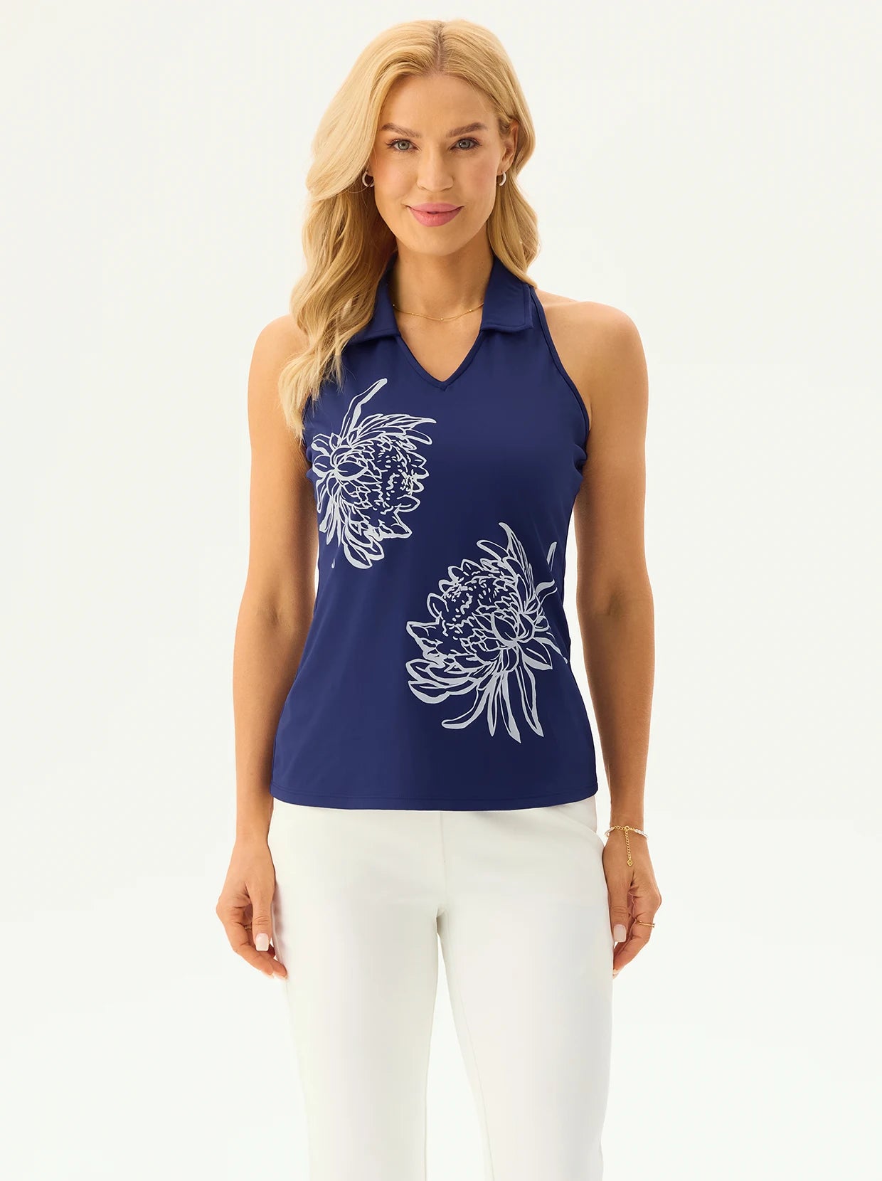 White Floral Racerback V-neck Golf Polo Shirt for Women