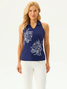 White Floral Racerback V-neck Golf Polo Shirt for Women