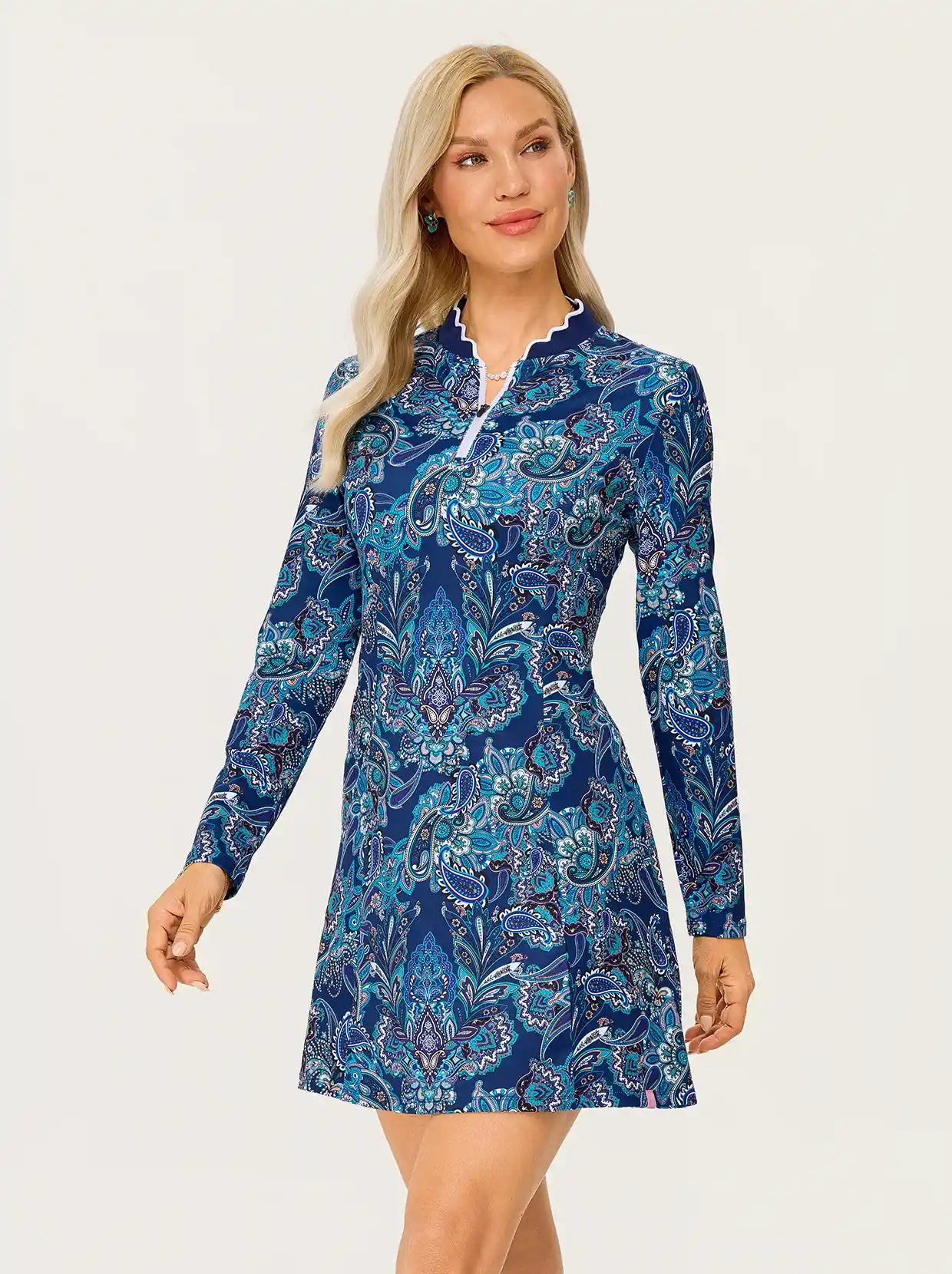 Women's 34" UPF50+ Paisley Scalloped Long-sleeve Golf Dress with Shorts