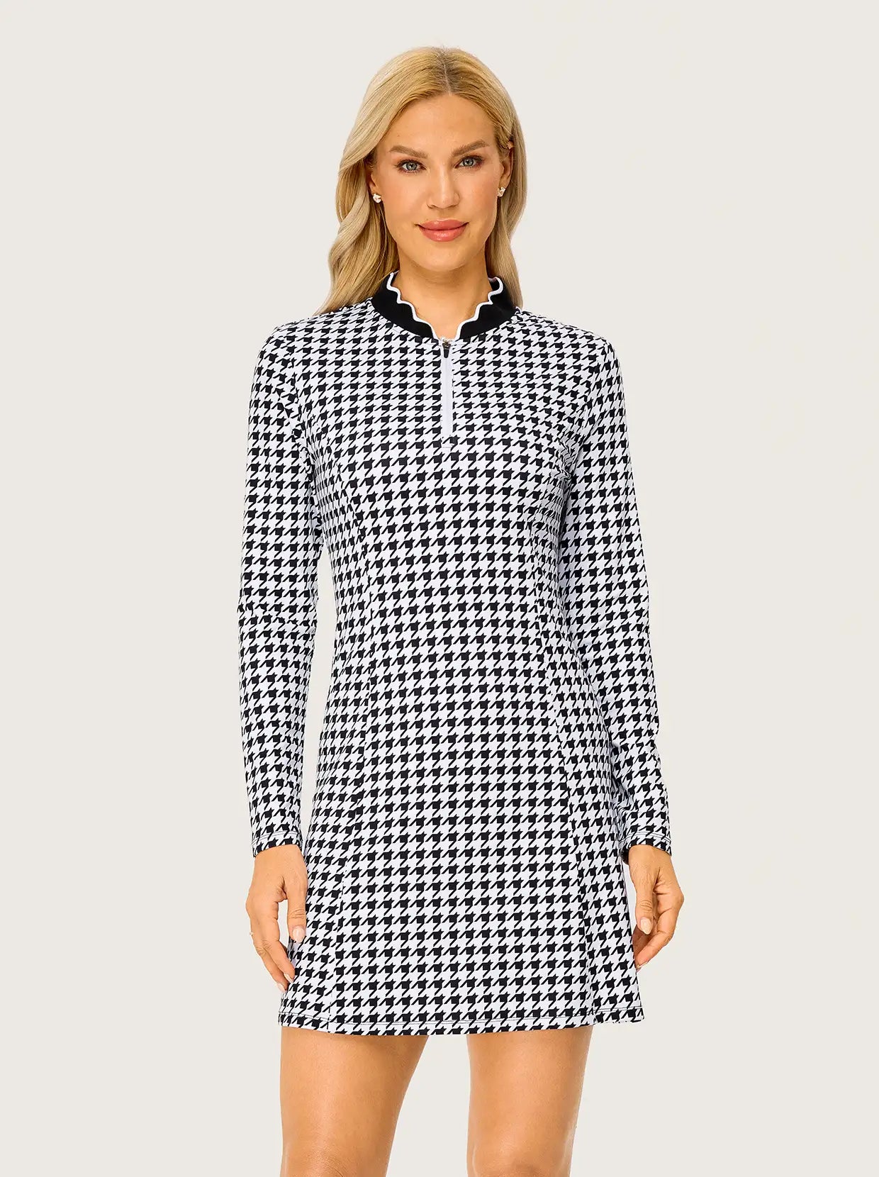 34" Black Houndstooth Scalloped Long-sleeve Dress with Shorts 