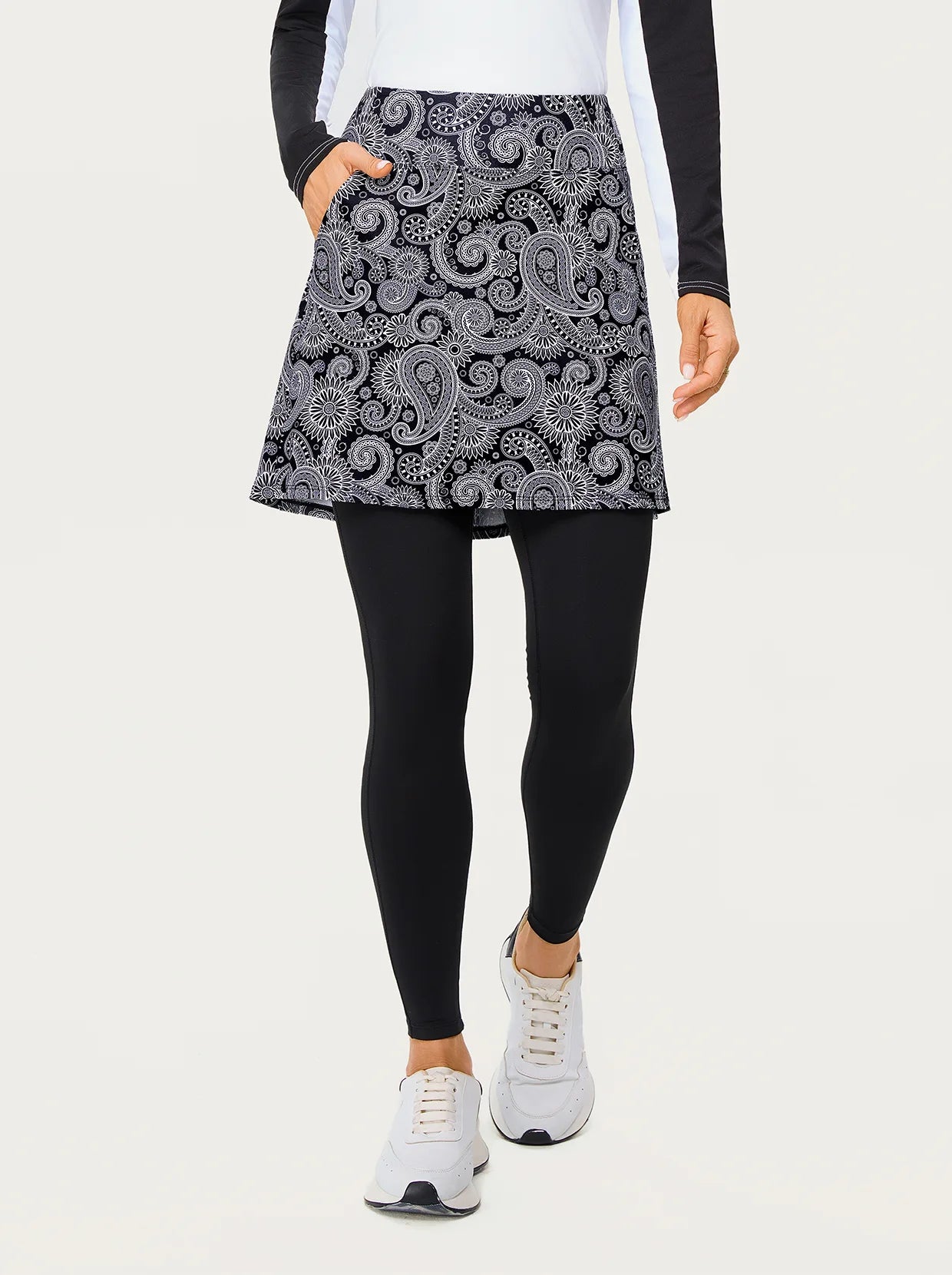 Women's White Paisley Ruffled Skirted Leggings with Pockets