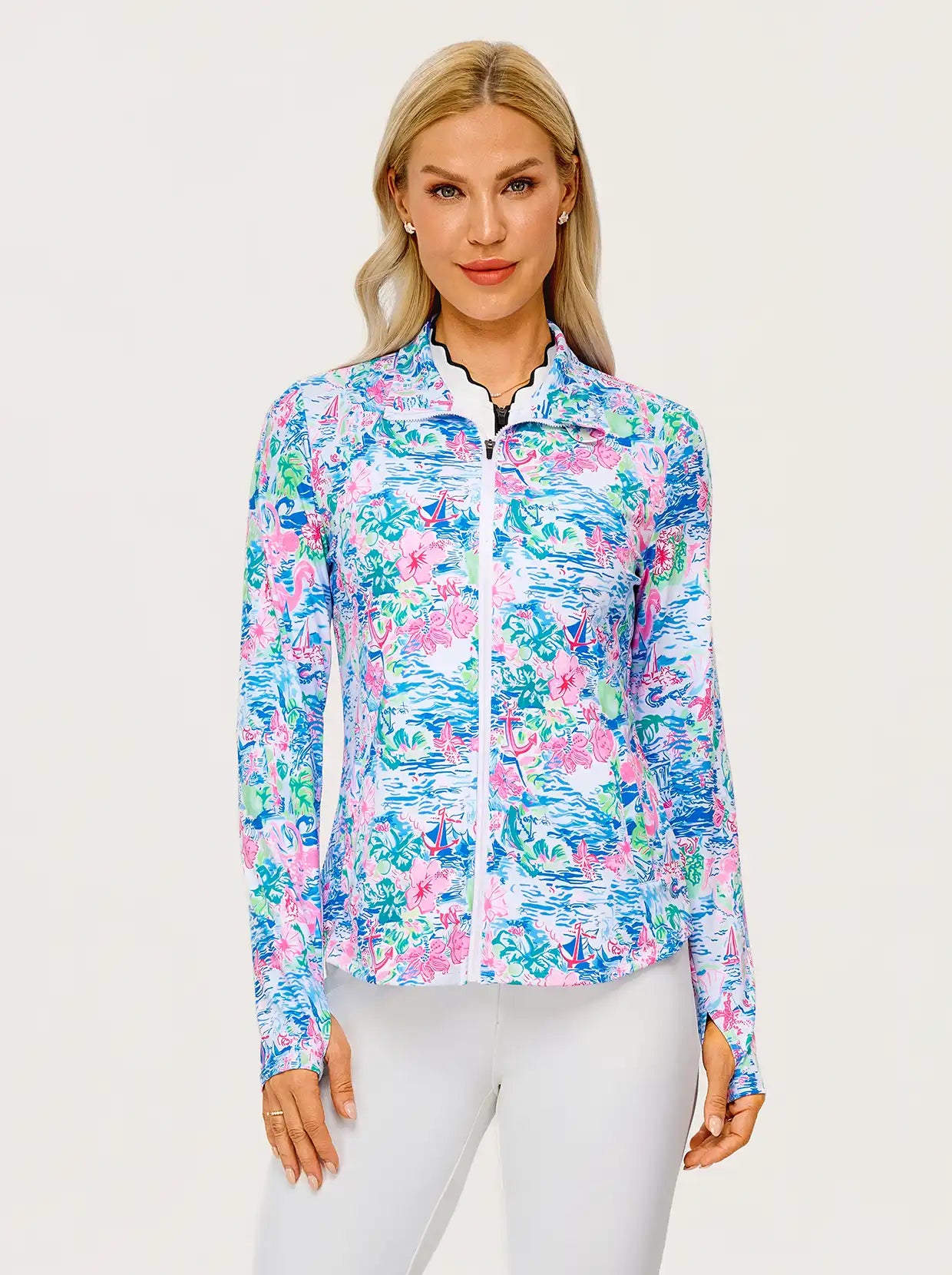 UPF50+ Spring Scenery Print Golf Jacket with Pockets and Thumbholes
