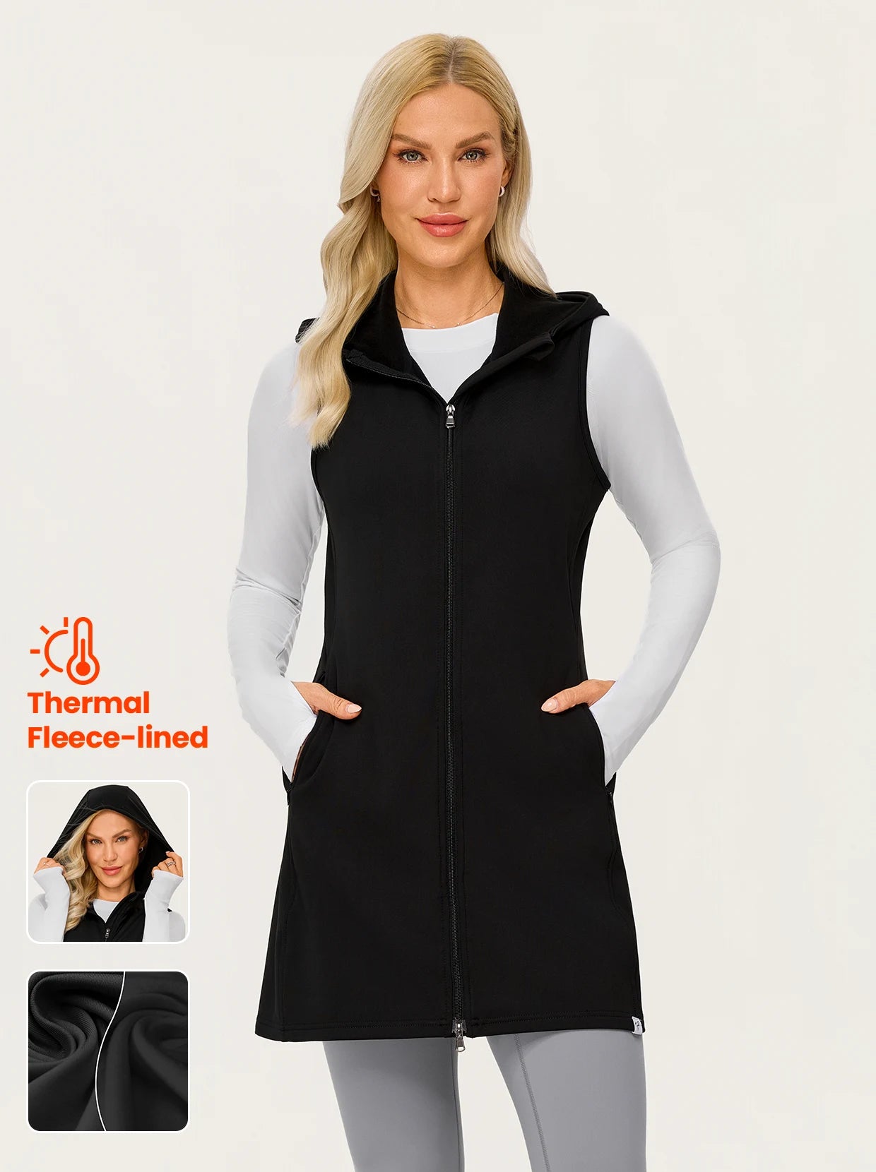 Long Two-way Zipper Thermal Hooded Vest