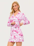 34.5" Pink Peony Side Tie V-neck Long-sleeve Golf Dress with Shorts