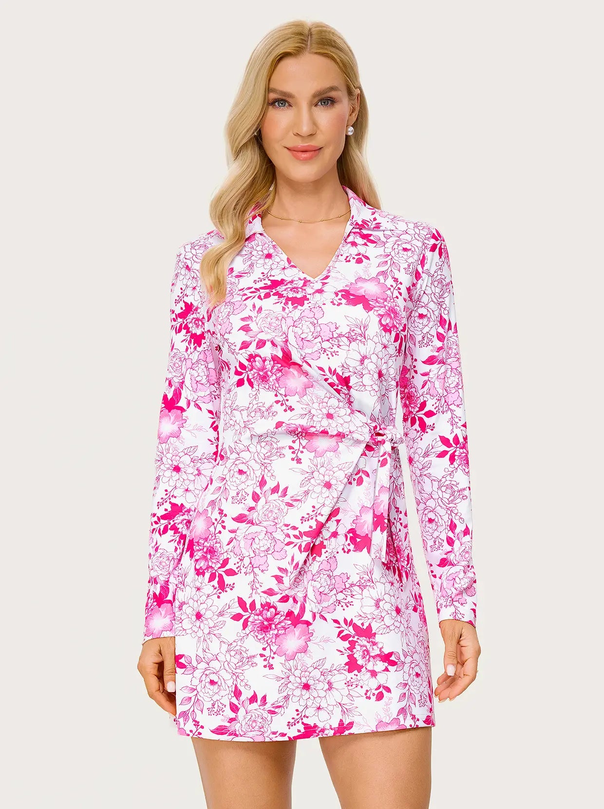 34.5" Rose-red Floral Side Tie V-neck Long-sleeve Golf Dress with Shorts