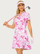 35.5" Pink Peony V-neck Short-sleeve Golf Dress with Shorts and Pockets