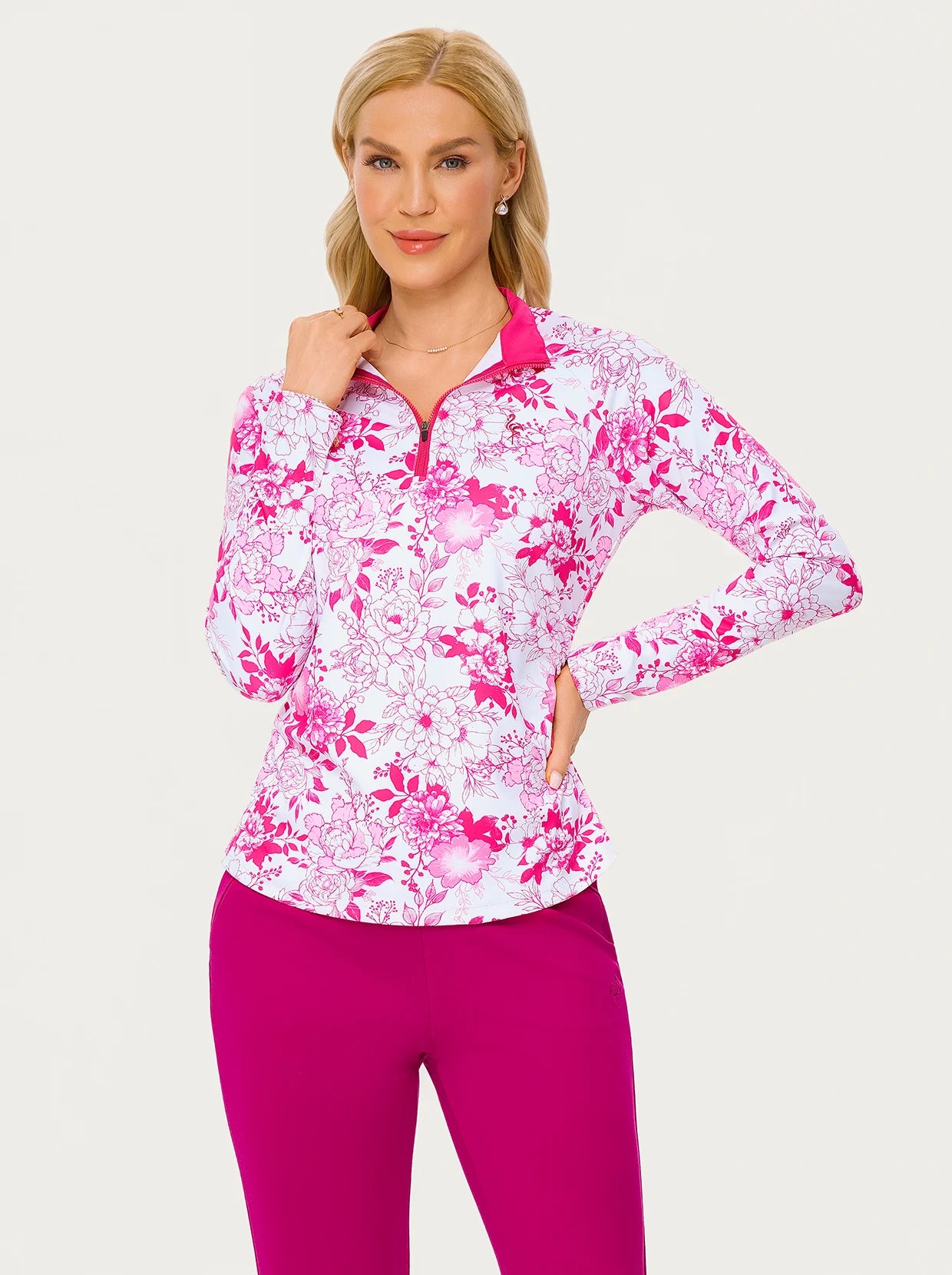 Rose-red Quarter-zip Long-sleeve Shirt